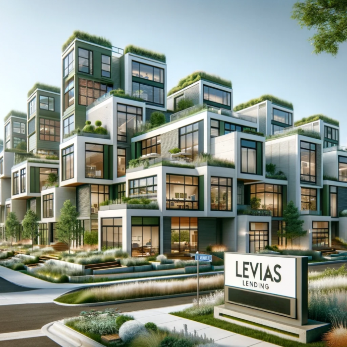 Modern Apartment Buildings Levias Lending Sign